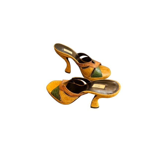 Prada Cocco Lucido Crocodile Platform Mules Heel Yellow Green Brown Brown Size 6 - Picture 4 of 8